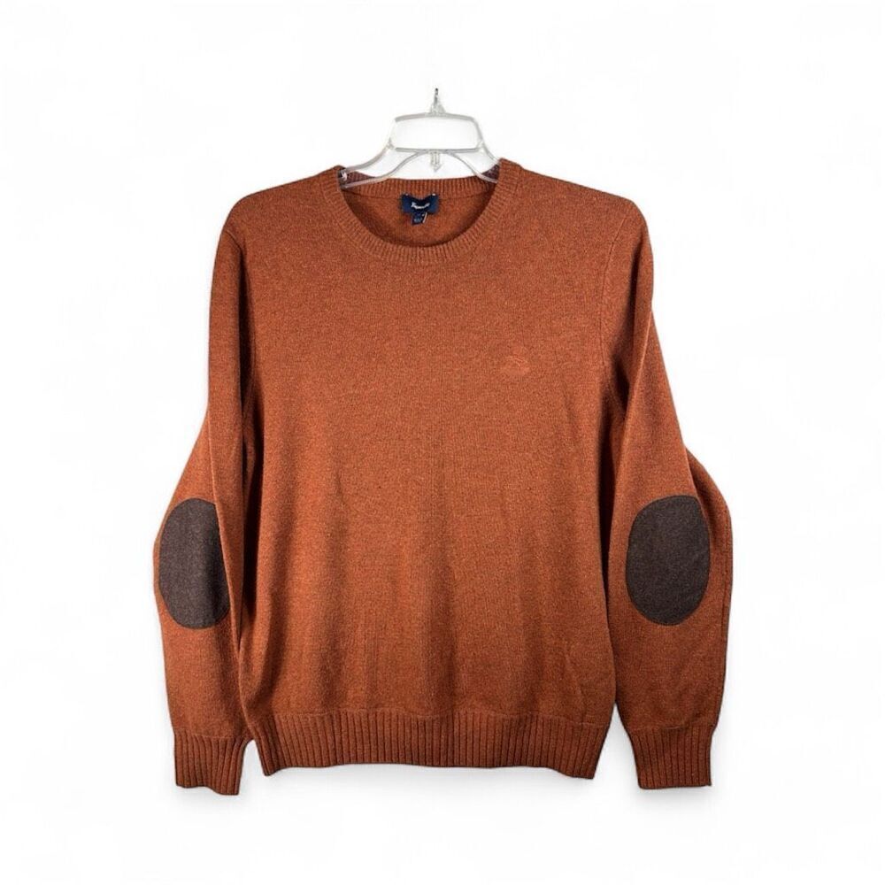 Façonnable Men’s XL 100% Lambswool Sweater Brown Rust Crewneck Elbow Patches